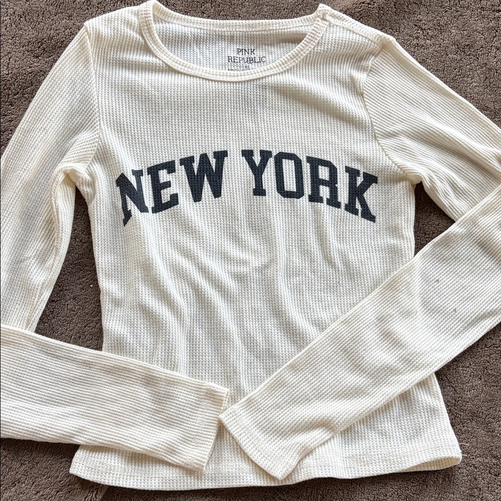 Pink Republic Cream Waffle Long-Sleeve Top with NEW YORK Print